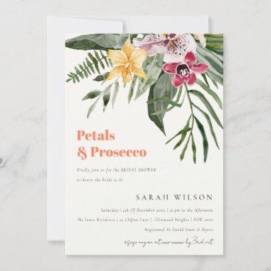 Tropical Floral Petals & Prosecco Bridal Shower Invitations