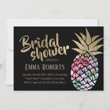 Tropical Floral Pineapple Black Gold Bridal Shower Invitations