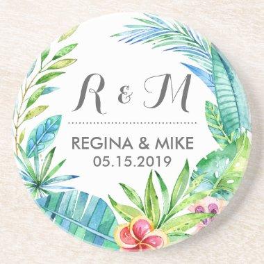 Tropical Flower and Leaves Wreath Spring Wedding Coaster