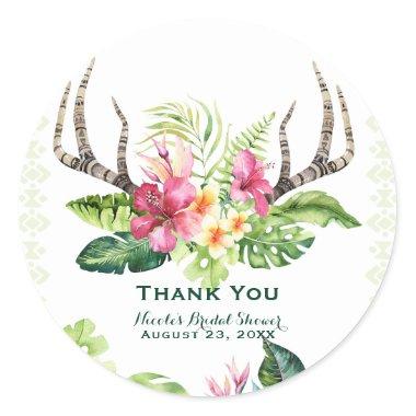 Tropical Flowers Boho Rustic Antlers Bridal Shower Classic Round Sticker