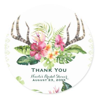 Tropical Flowers Boho Rustic Antlers Bridal Shower Classic Round Sticker