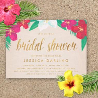 Tropical Flowers Gold Bridal Shower Invitations