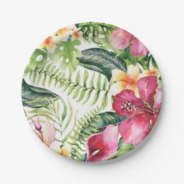 Tropical Flowers Leaves Floral Bridal Shower Party Paper Plates