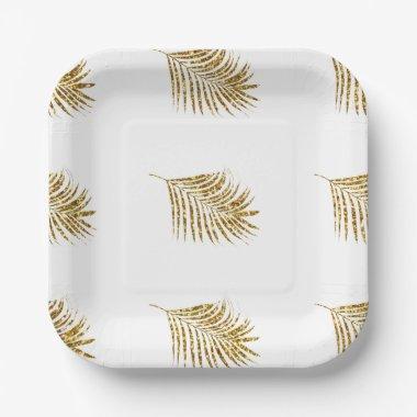 Tropical Glittery Gold Palms Baby Shower Weddings Paper Plates