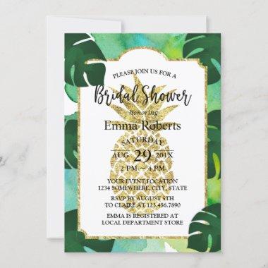 Tropical Gold Pineapple Bridal Shower Watercolor Invitations