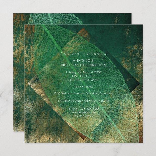 Tropical Green Leaf Distressed Gold Party Invitations