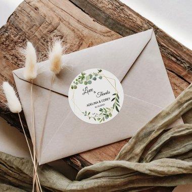 Tropical Green Leaves Love & Thanks Wedding Classic Round Sticker