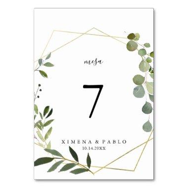 Tropical Green Leaves Mesa Spanish Wedding Table Number