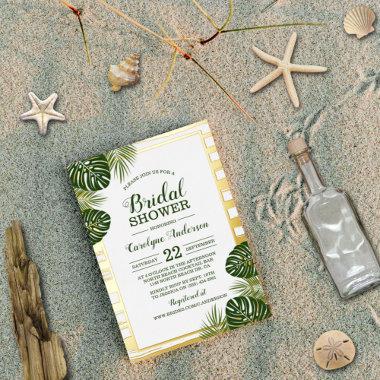 Tropical Green Palm Leaf Beach Bridal Shower Real Foil Invitations