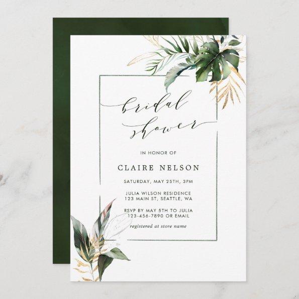 Tropical Green Watercolor Leaves Bridal Shower Invitations