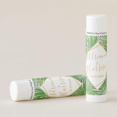Tropical Greenery Gold Leaves Personalized Favor Lip Balm