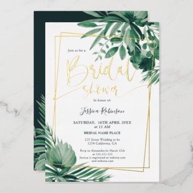 Tropical greenery palm gold script bridal shower foil Invitations
