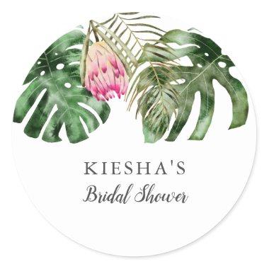 Tropical Greenery Pink Floral Bridal Shower Classic Round Sticker