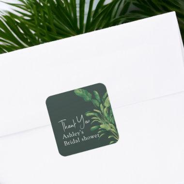 Tropical greenery script palm leaf bridal thank square sticker