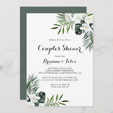Tropical Greenery White Floral Couples Shower Invitations