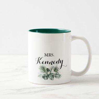 Tropical Greenery White Mrs Newlywed Bride Two-Tone Coffee Mug