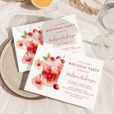 Tropical Hibiscus Cherry Cocktail Birthday Party Invitations