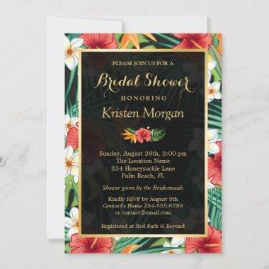 Tropical Hibiscus Floral Gold Frame Bridal Shower Invitations