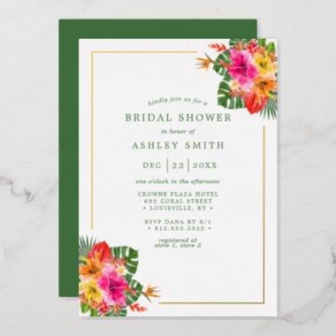 Tropical Hibiscus Floral Palm Leaves Bridal Shower Foil Invitations