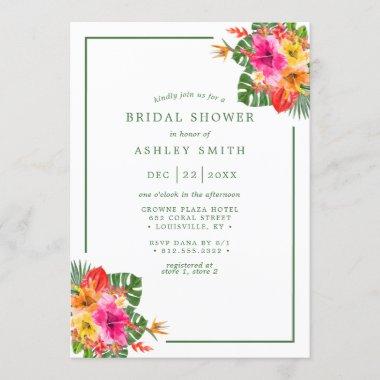 Tropical Hibiscus Floral Palm Leaves Bridal Shower Invitations