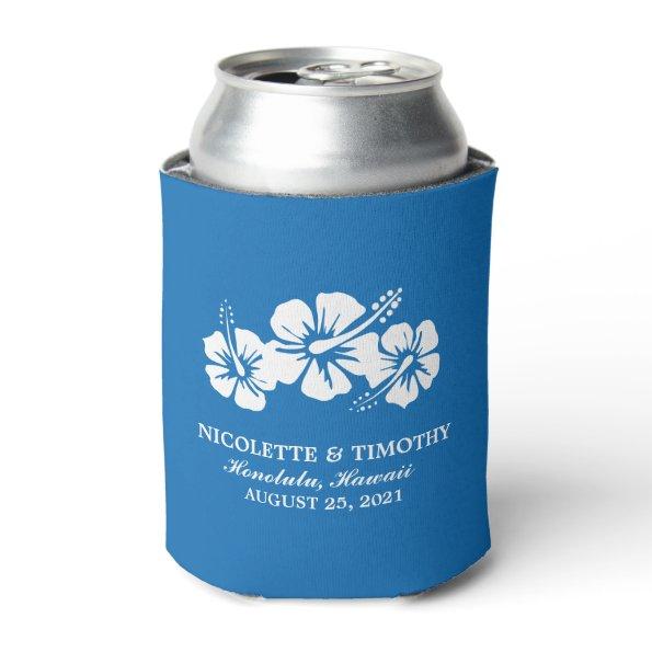 Tropical Hibiscus Flowers | Royal Blue Wedding Can Cooler