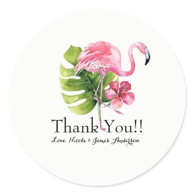 Tropical Leaf Hibiscus Flamingo Wedding Favor Classic Round Sticker