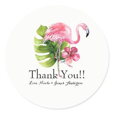 Tropical Leaf Hibiscus Flamingo Wedding Favor Classic Round Sticker