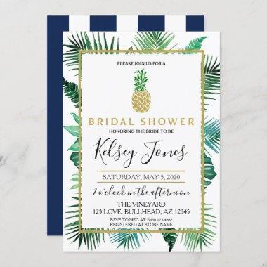 Tropical Leaf Pineapple Navy and White stripe Invitations