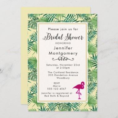 Tropical Leaves and a Pink Flamingo Bridal Shower Invitations