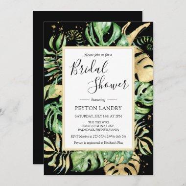 Tropical Leaves Black & Gold Frame Bridal Shower Invitations
