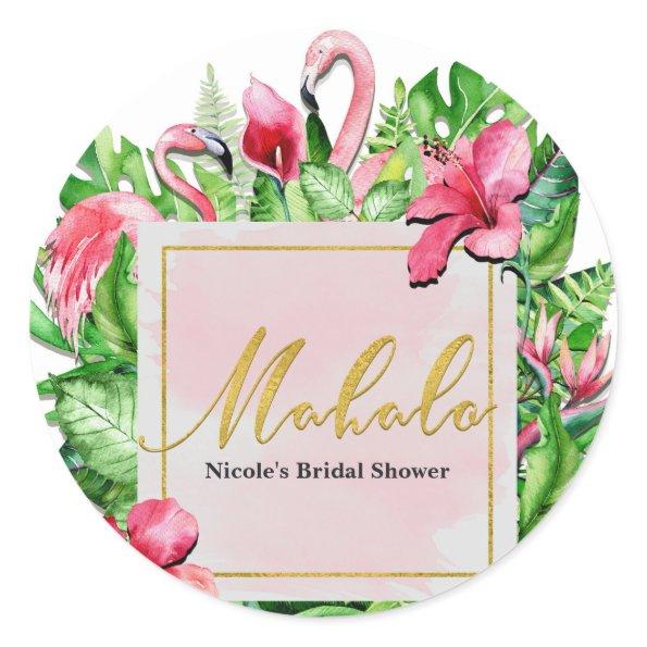 Tropical Leaves Flamingos Mahalo Thank You Party Classic Round Sticker