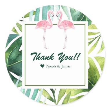 Tropical Leaves & Flamingos Wedding Favor Chic Classic Round Sticker