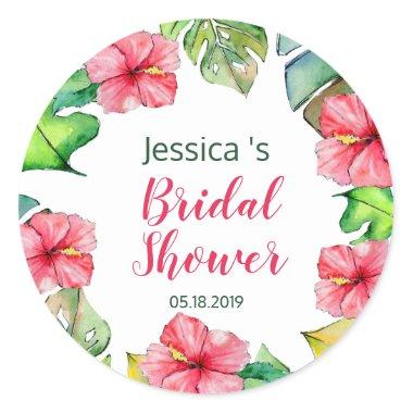Tropical Leaves Floral Hawaiian Bridal Shower Classic Round Sticker