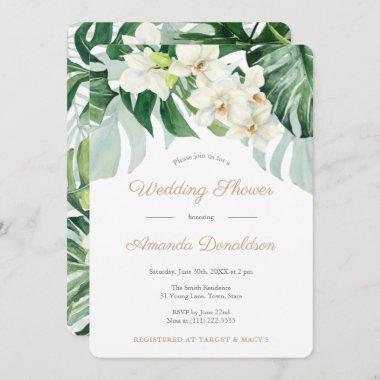 Tropical Leaves Green And Gold Bridal Shower Party Invitations