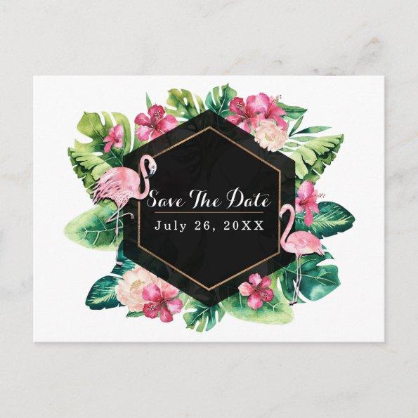 Tropical Leaves Hibiscus Flamingos Save the Date Announcement PostInvitations
