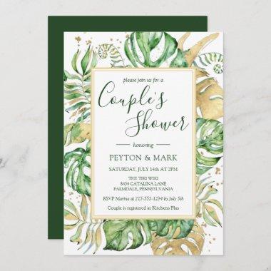 Tropical Leaves Modern Gold Frame Couple's Shower Invitations
