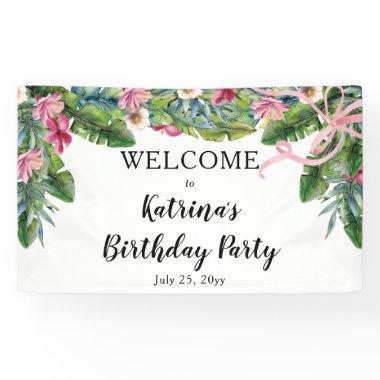 Tropical Leaves | Pink Floral Birthday Party Banner