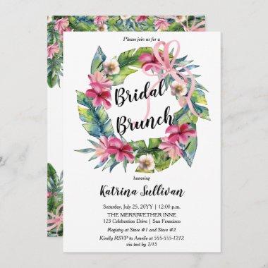 Tropical Leaves | Pink Floral Bridal Brunch Invitations