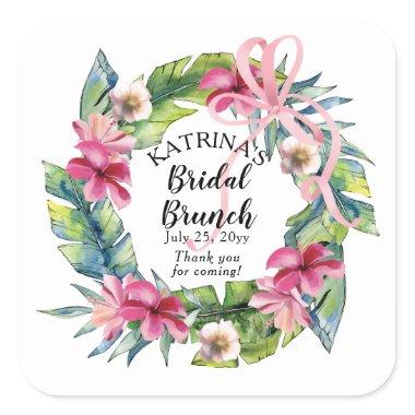 Tropical Leaves | Pink Floral Bridal Brunch Square Sticker
