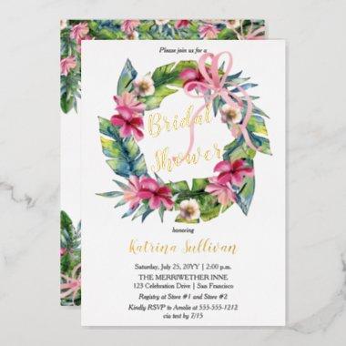 Tropical Leaves | Pink Floral Bridal Shower Foil Invitations