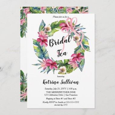 Tropical Leaves | Pink Floral Bridal Tea Shower Invitations