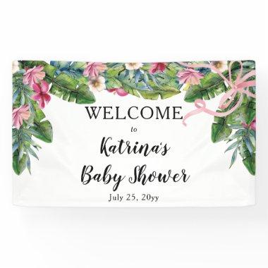 Tropical Leaves | Pink Floral Girl Baby Shower Banner