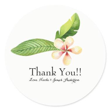 Tropical Leaves & Plumeria Watercolor Floral Favor Classic Round Sticker
