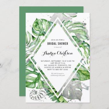 Tropical Leaves Silver Foil Summer Bridal Shower Invitations