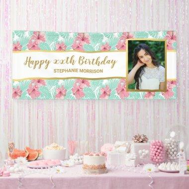 Tropical Luau Floral Palm Leaf Birthday Photo Banner