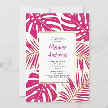 Tropical magenta leaves wedding bridal shower Invitations