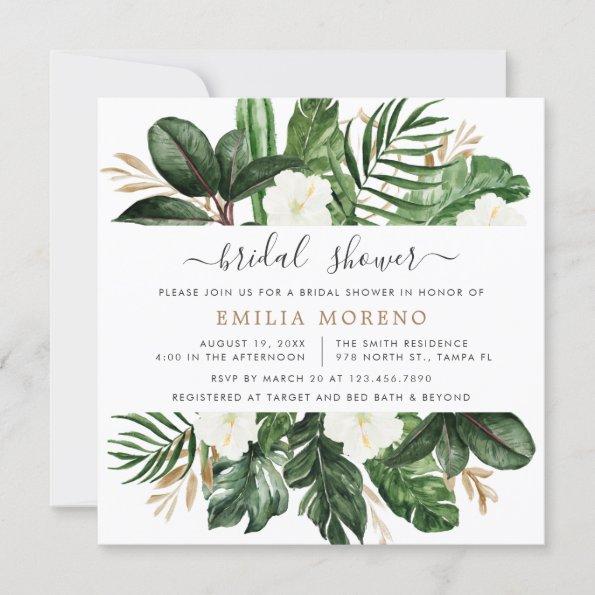 Tropical Modern Palm Cactus White Floral Bridal Invitations