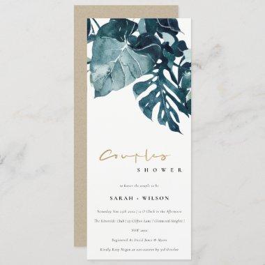 Tropical Monstera Blue Foliage Couples Shower Invitations