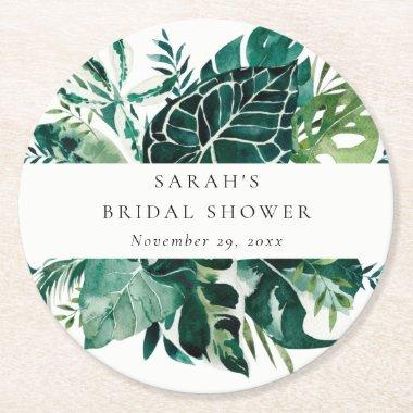 Tropical Monstera Green Foliage Bridal Shower Round Paper Coaster