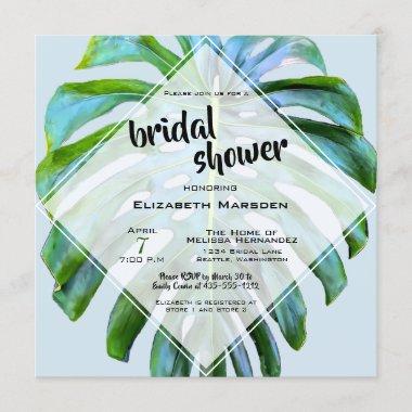 Tropical Monstera Leaf Greenery Blue Bridal Shower Invitations